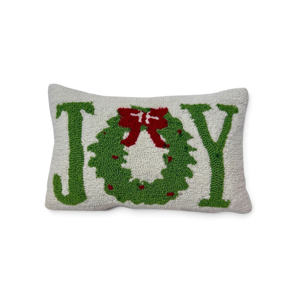 Christmas JOY Wreath Hooked Wool Lumbar Pillow Cream Green Red Holiday Decor